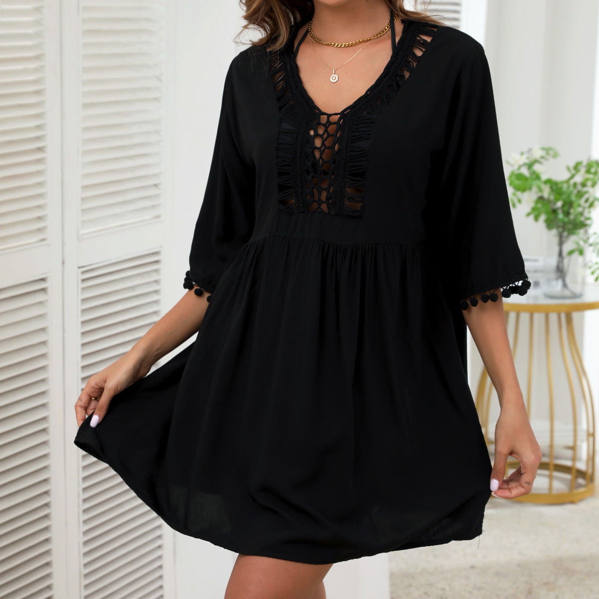 Women's beach tunic with playful crochet detail, size