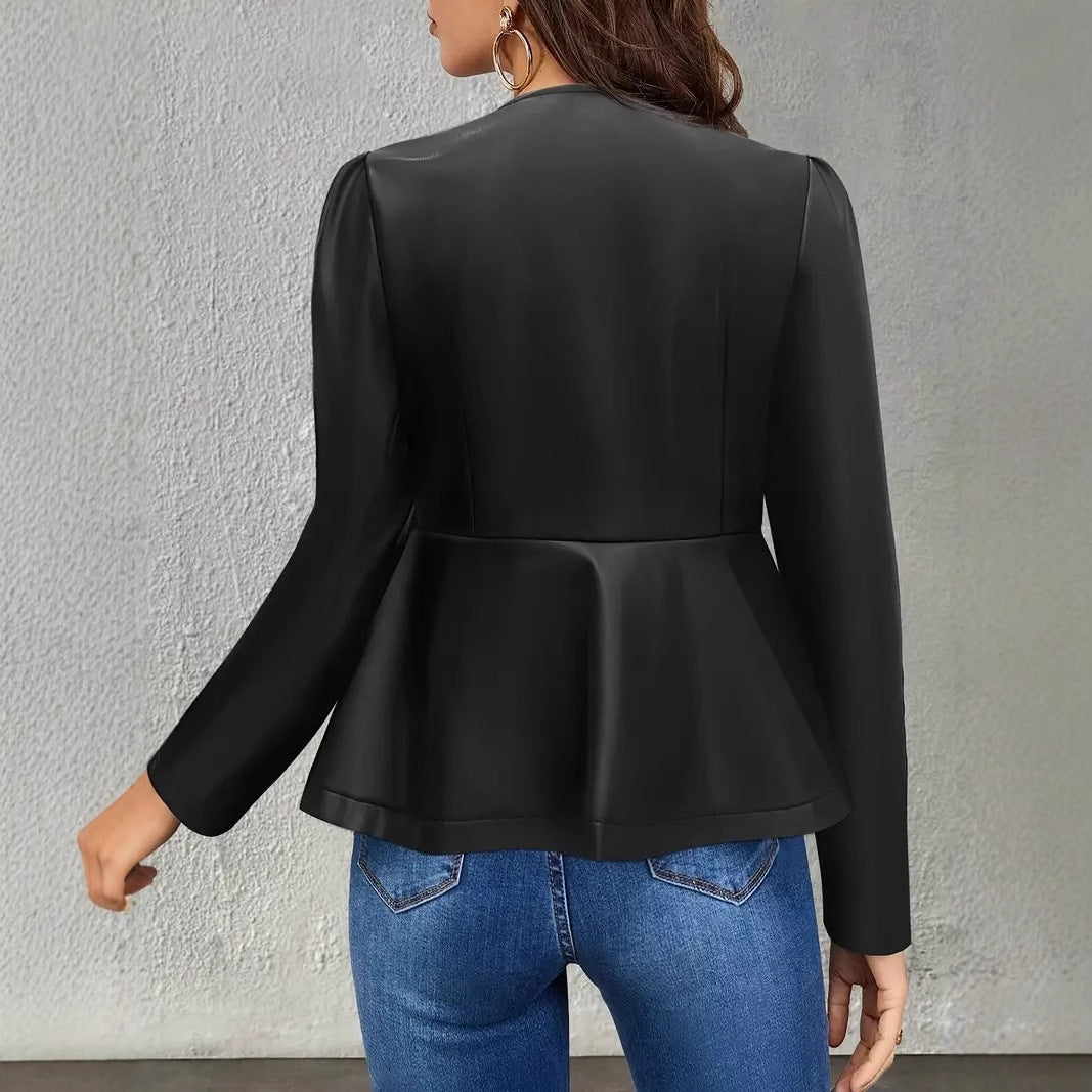 Damen-Kunstlederjacke mit elliptischem Schnitt und Puffärmeln, Größe [Größe fehlt]