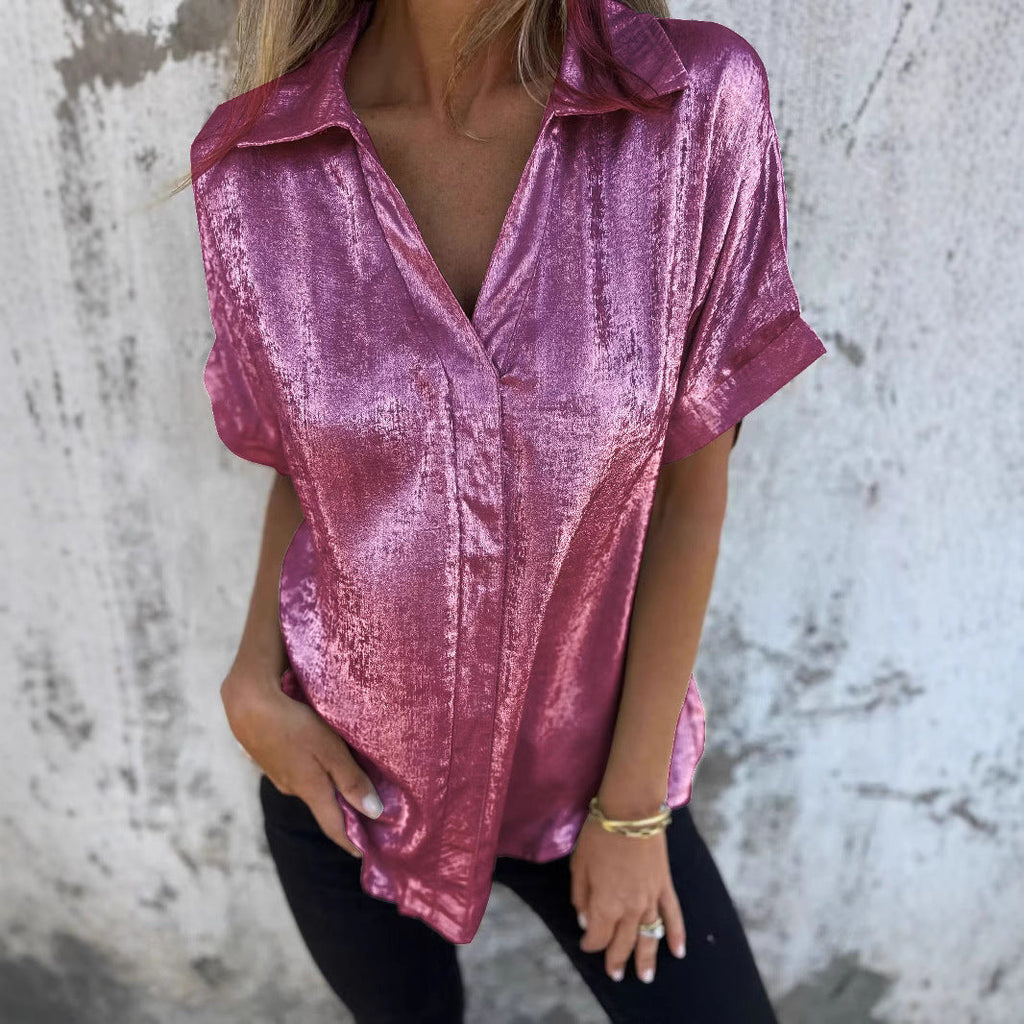 Damen Seidenbluse Kurzarm mit edlem Schimmer und modischem Revers, Größe S