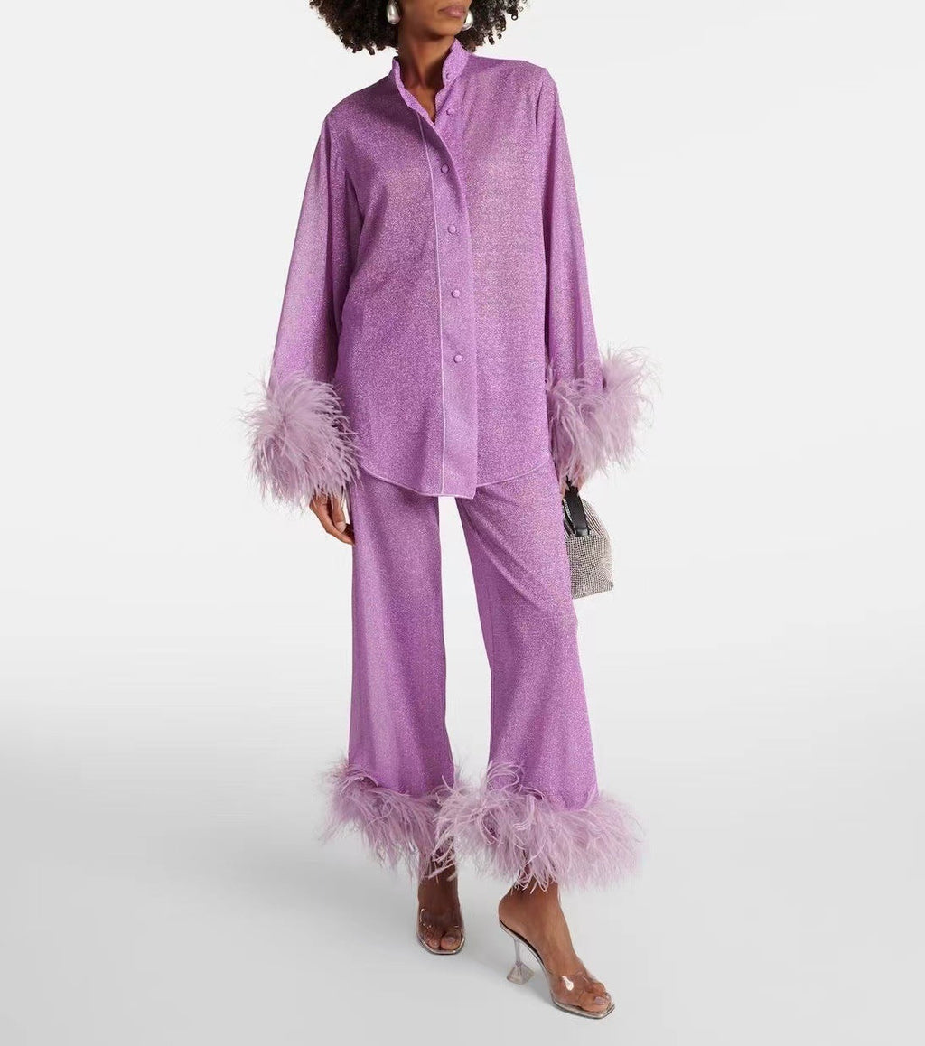 Valenzora | Autumn Winter Feather Stand-up Collar Long Sleeve Top and Trousers Set