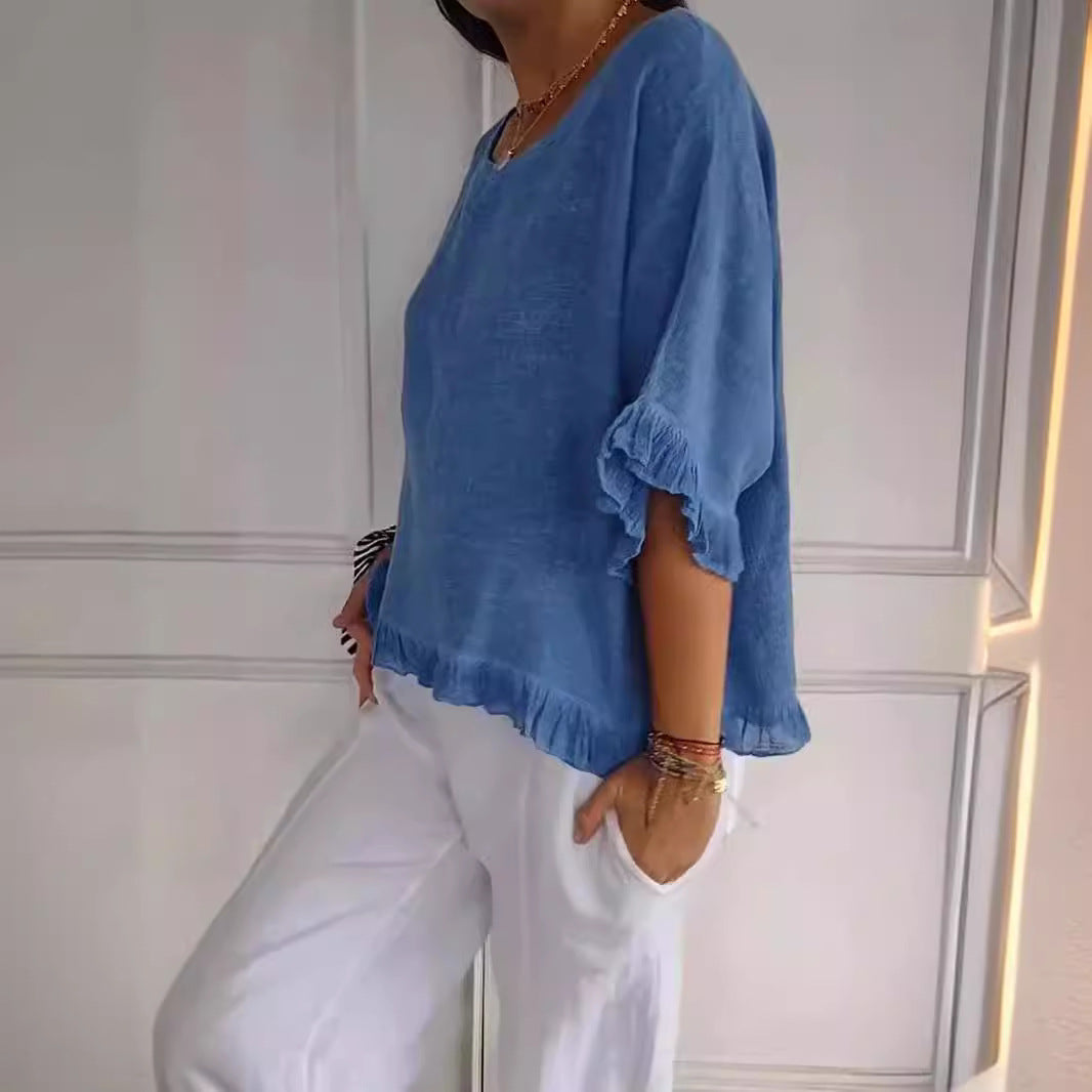 Valenzora | Ruffled hem Casual short-sleeved T-shirt