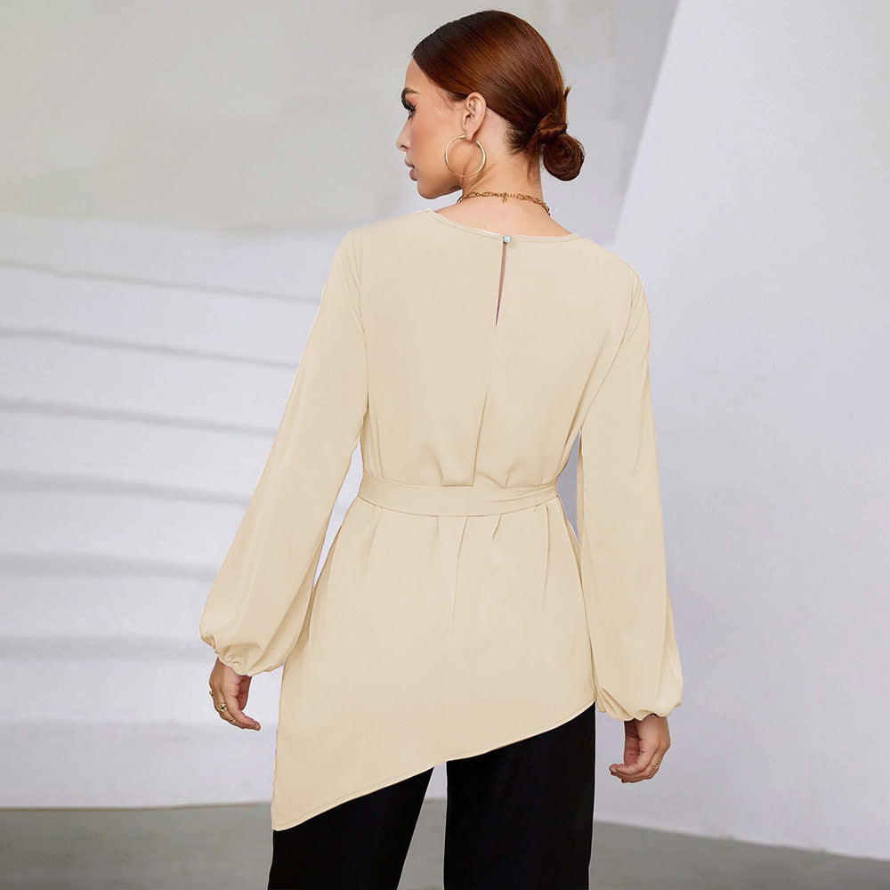 Women's asymmetrical blouse top with elegant ruffles and fashionable waist belt, size S