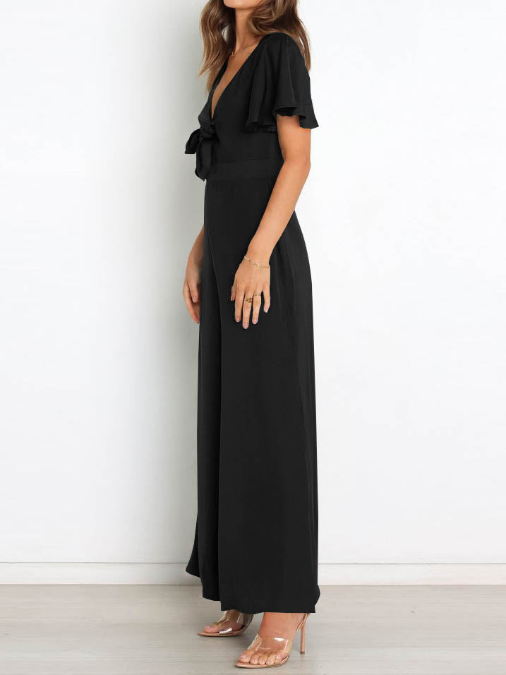 Valenzora | Short-sleeved wide-leg casual V-neck jumpsuit