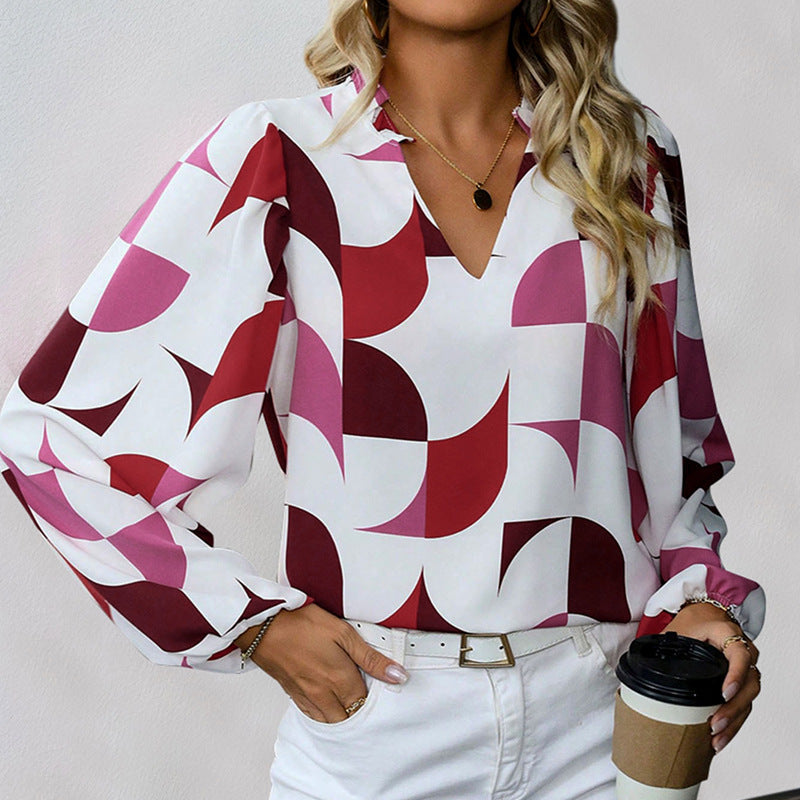 Women's blouse with fashionable V-neck and unique pattern, size