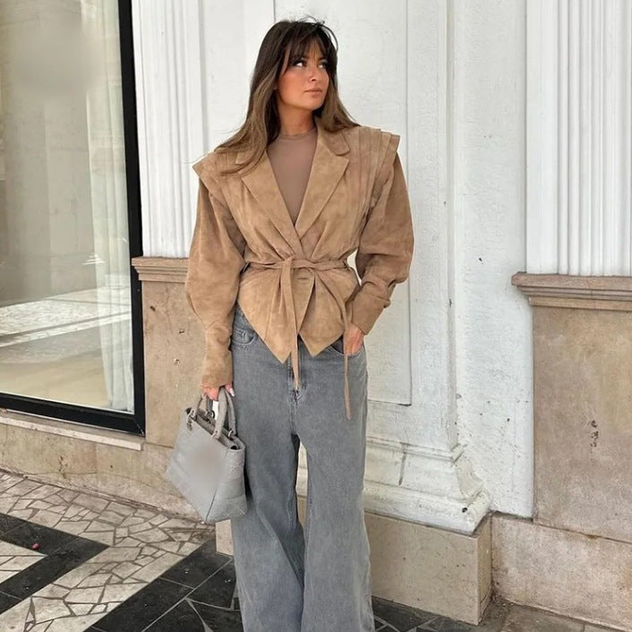Women's transitional jacket in soft suede with adjustable belt and voluminous sleeves, size S