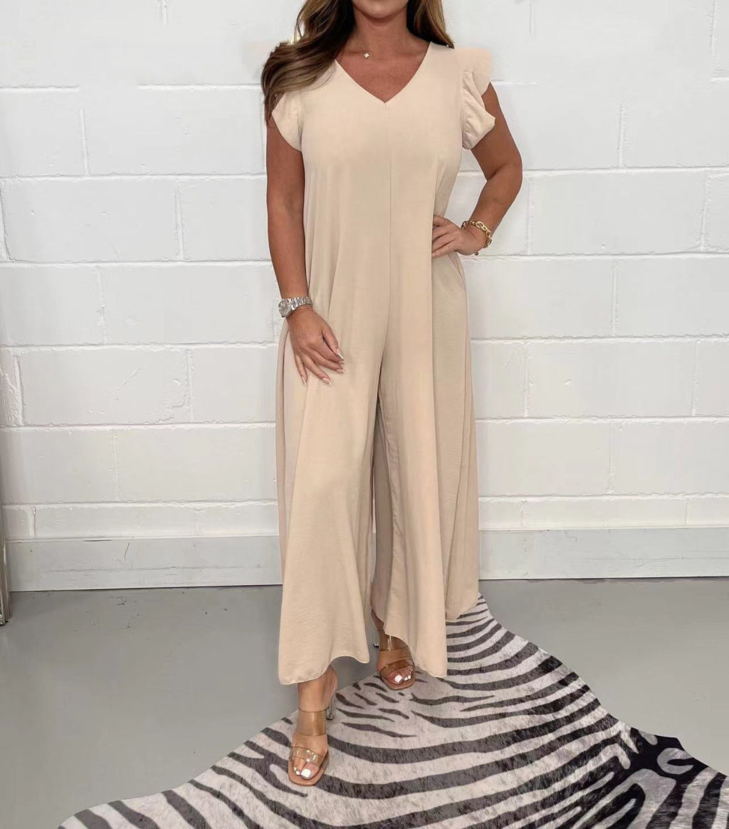 Exklusiver Damen-Jumpsuit mit voluminösen Rüschenärmeln und V-Ausschnitt, Größe S