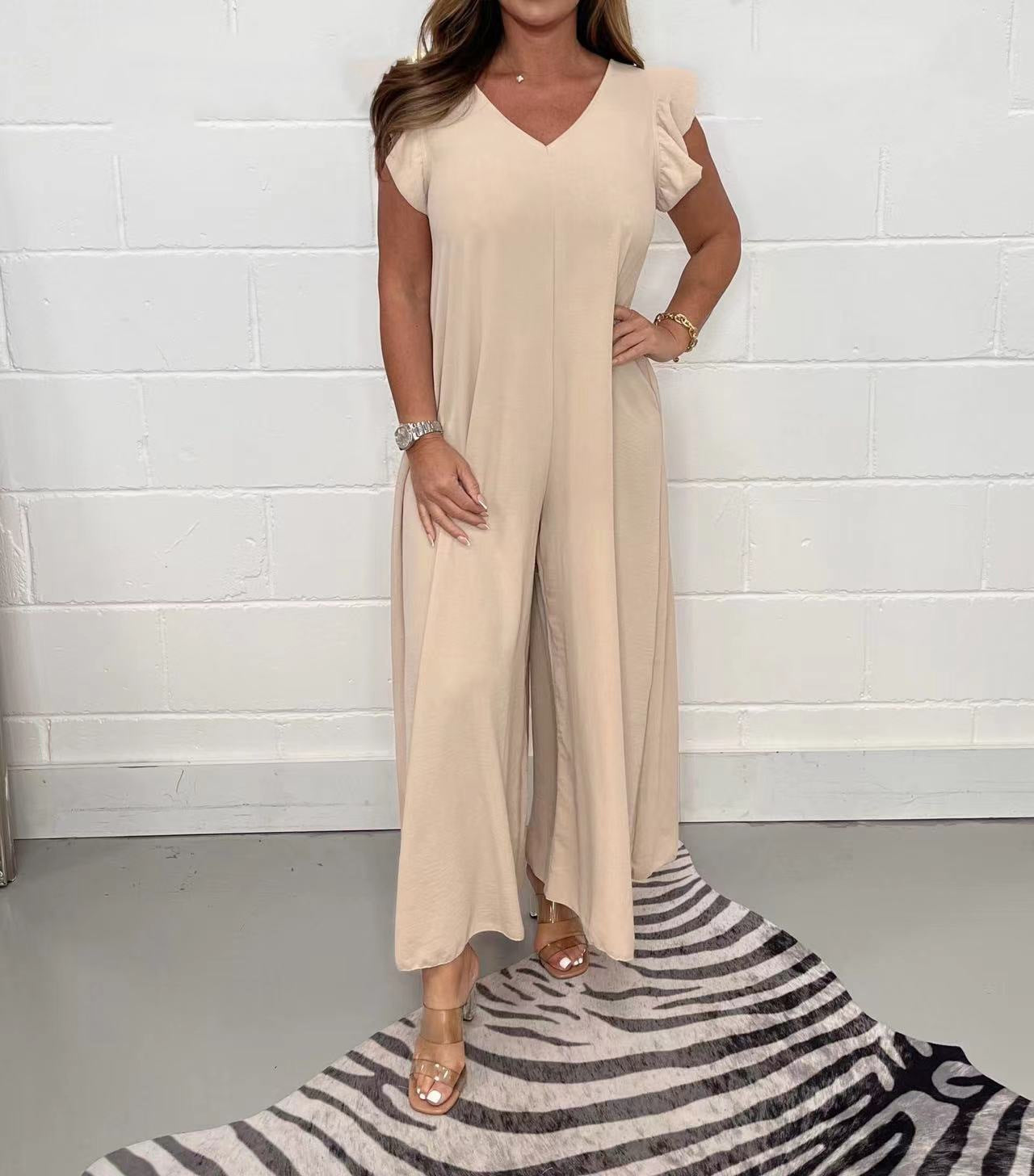 Exklusiver Damen-Jumpsuit mit voluminösen Rüschenärmeln und V-Ausschnitt, Größe S