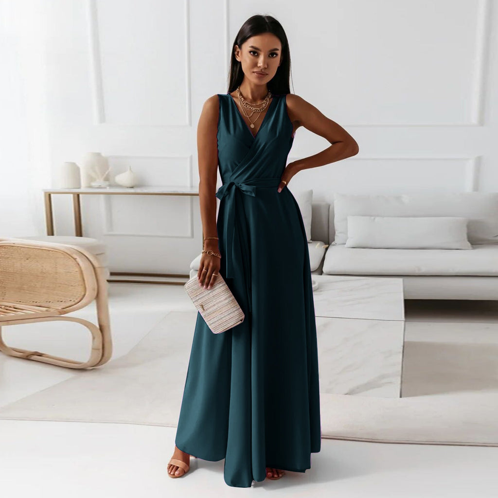 Valenzora | Women's Solid Color V-Neck Long Dress