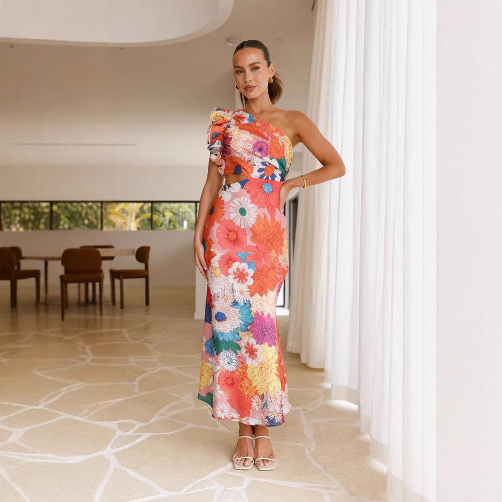 Women's cocktail dress with asymmetrical cut and ruffle details, size