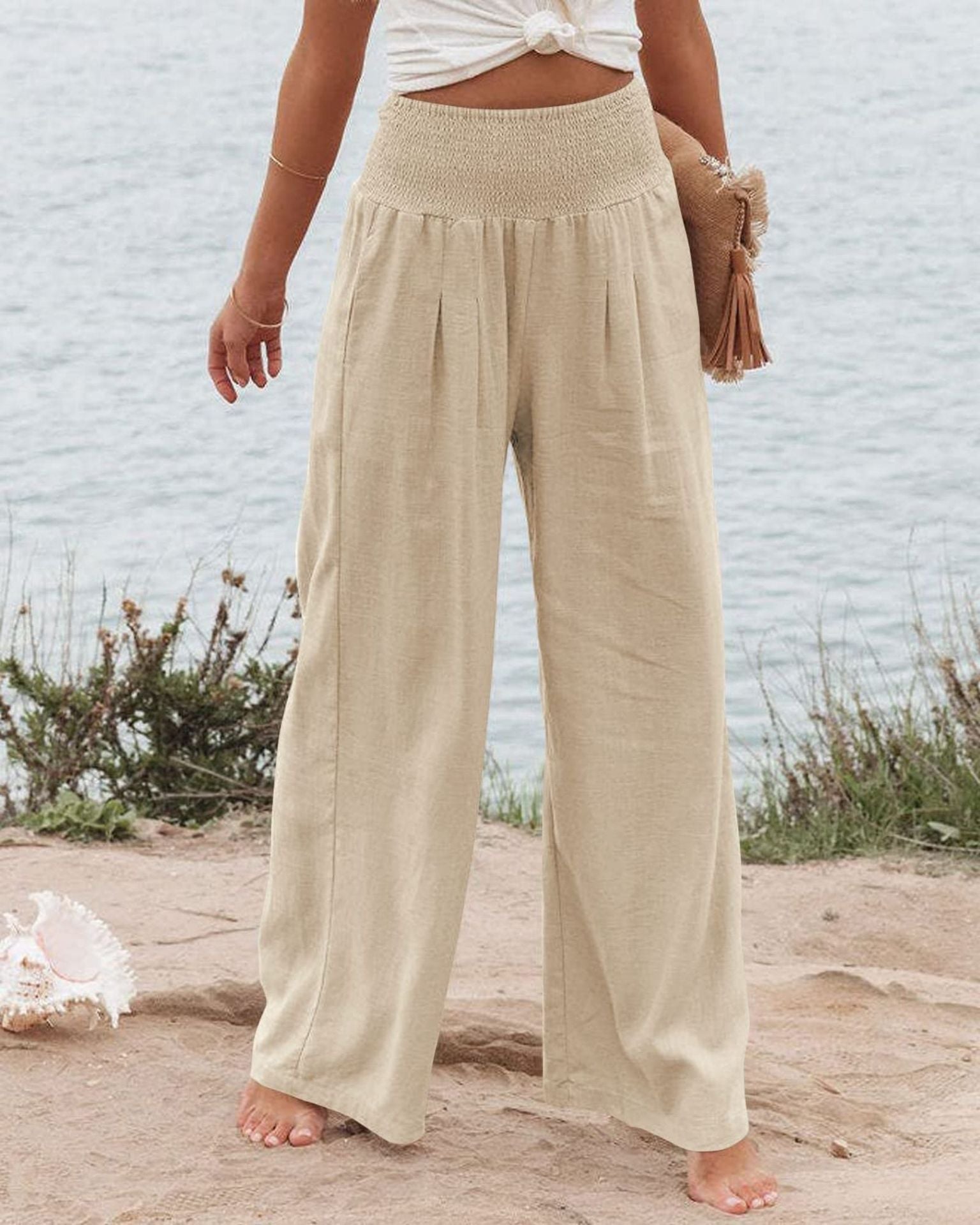 Damen-Leinenhose mit weitem Bein, elastischem Bund und Bundfalten, Größe