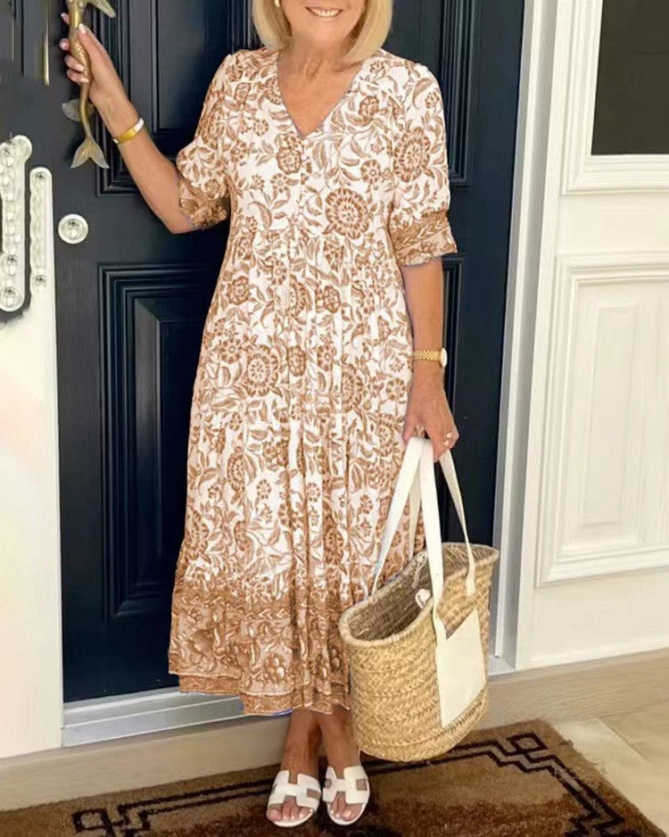 Valenzora | Langes floral bedrucktes Batik-Kleid mit Dreiviertelärmeln