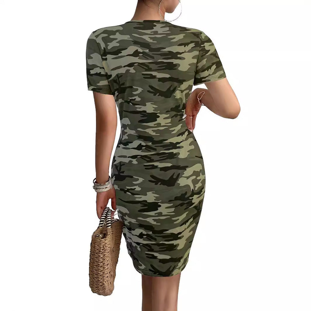 Damen Kurzarmkleid im angesagten Camouflage-Stil mit figurbetontem Schnitt und V-Ausschnitt, Größe [size]