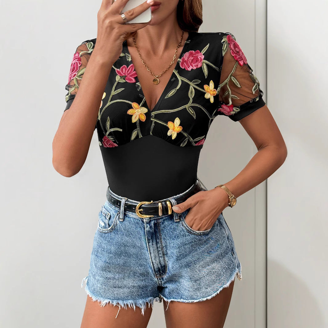 Women's bodysuit with floral lace trim and deep V-neck, size