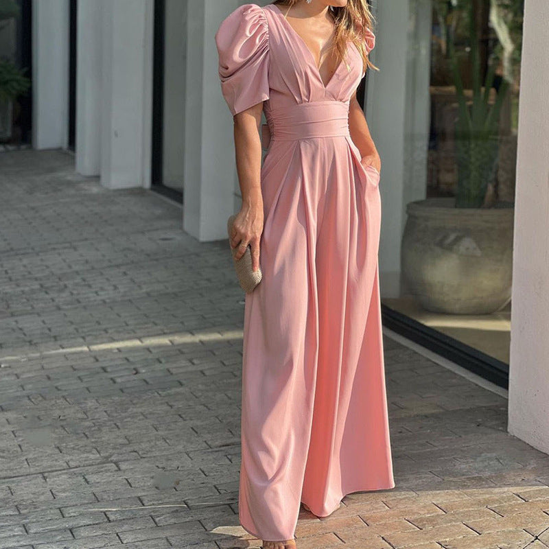 Women's puff sleeve jumpsuit with deep V-neck and wide legs, size [size missing]