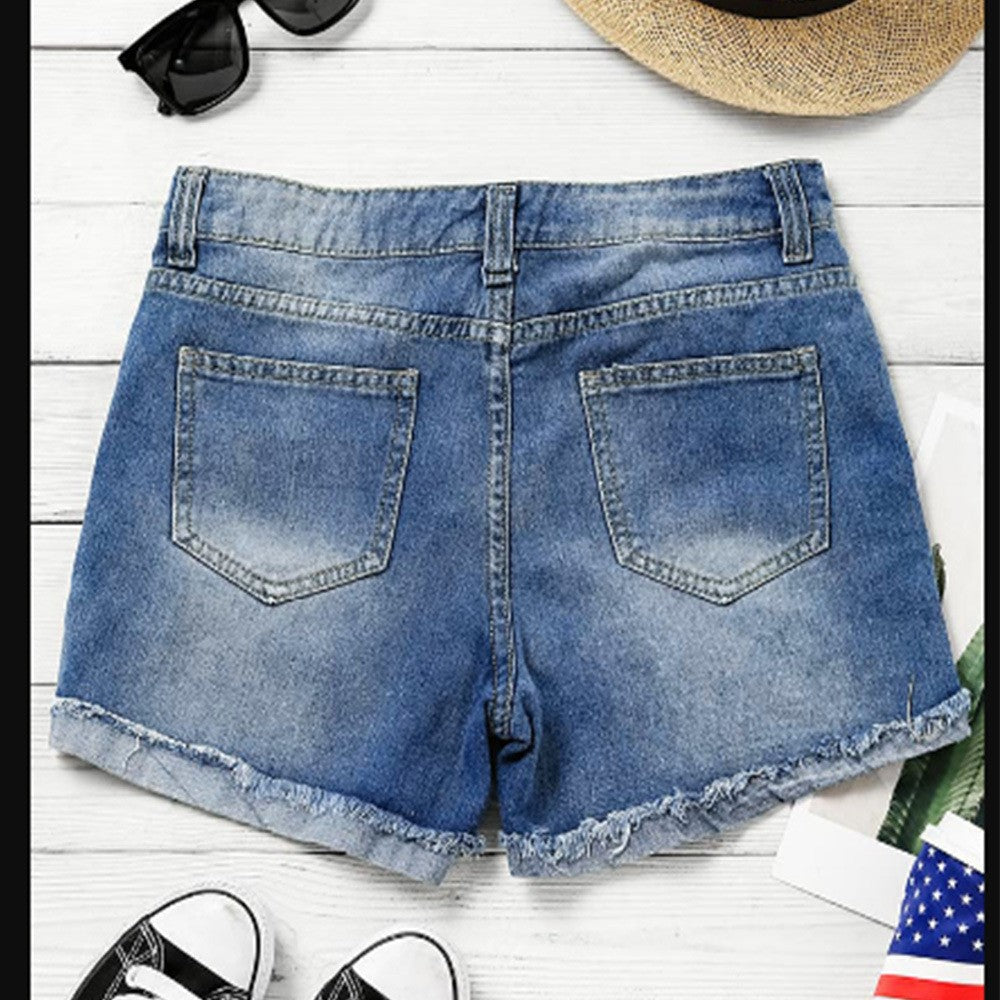 Women's denim shorts with creative flag appliqués and a casual distressed design, size Valenzora