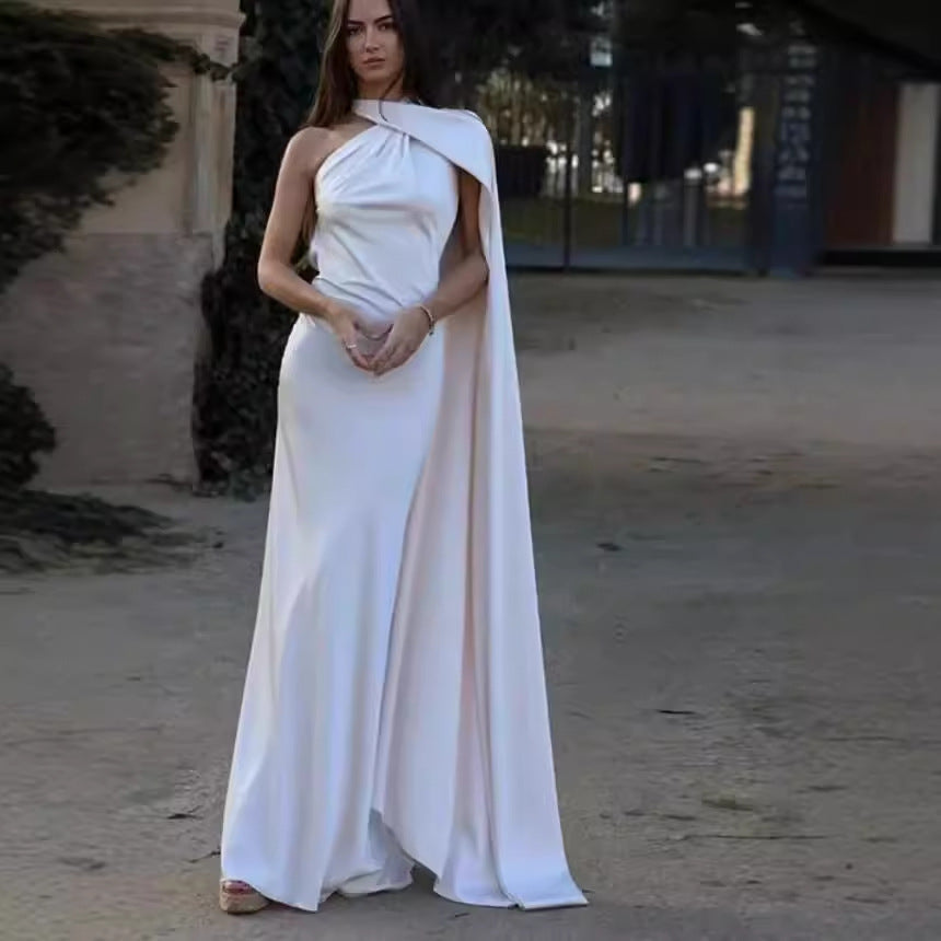 Women's elegant evening dress with a one-sided cape and sophisticated draping, size Valenzora