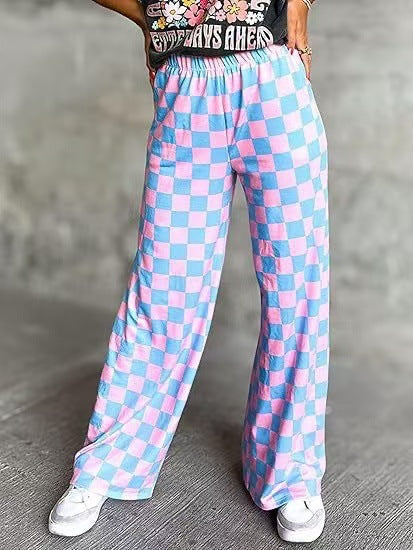Women's checked palazzo trousers with elasticated waistband and practical side pockets, size Valenzora