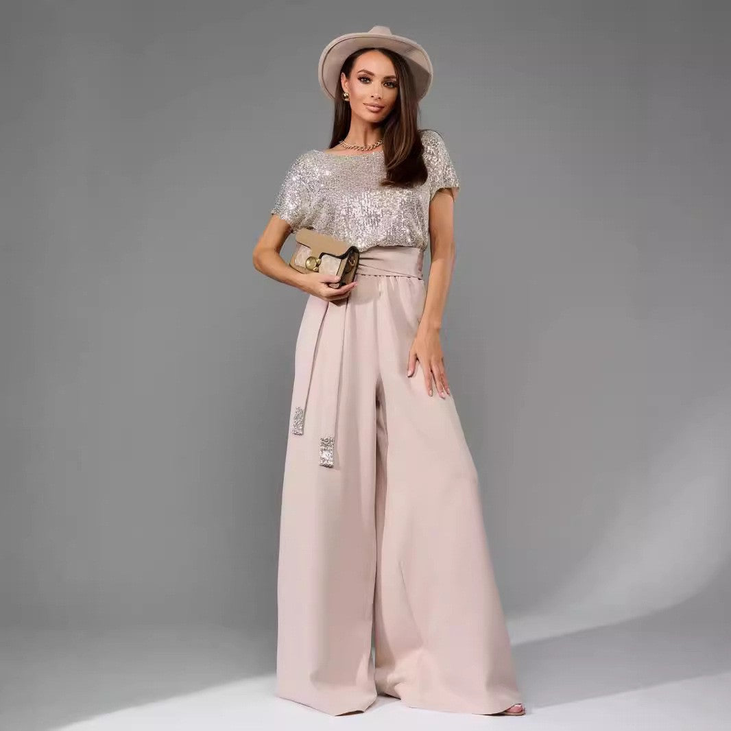 Damen-Glamour-Jumpsuit mit Glitzeroberteil und weit geschnittener Hose, Größe