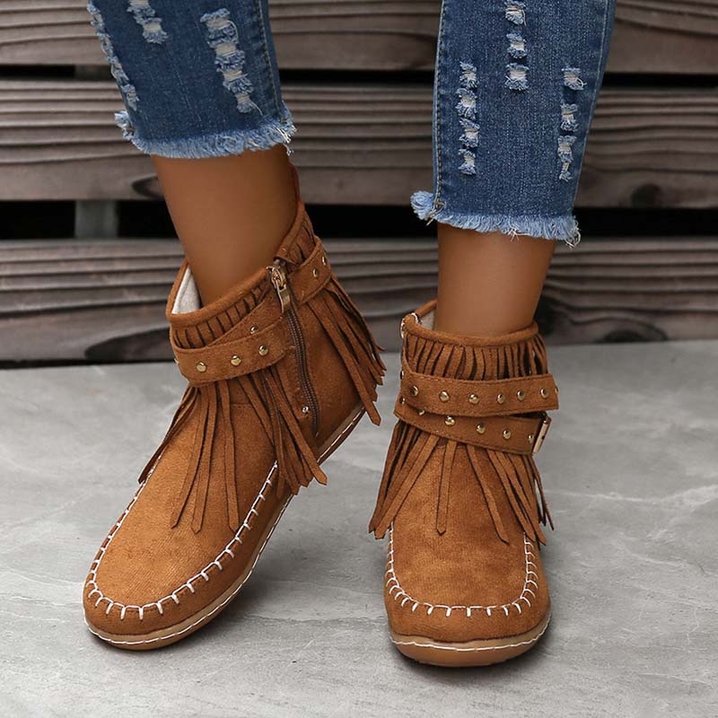 Valenzora | Boho ankle boots with fringes and buckles for women