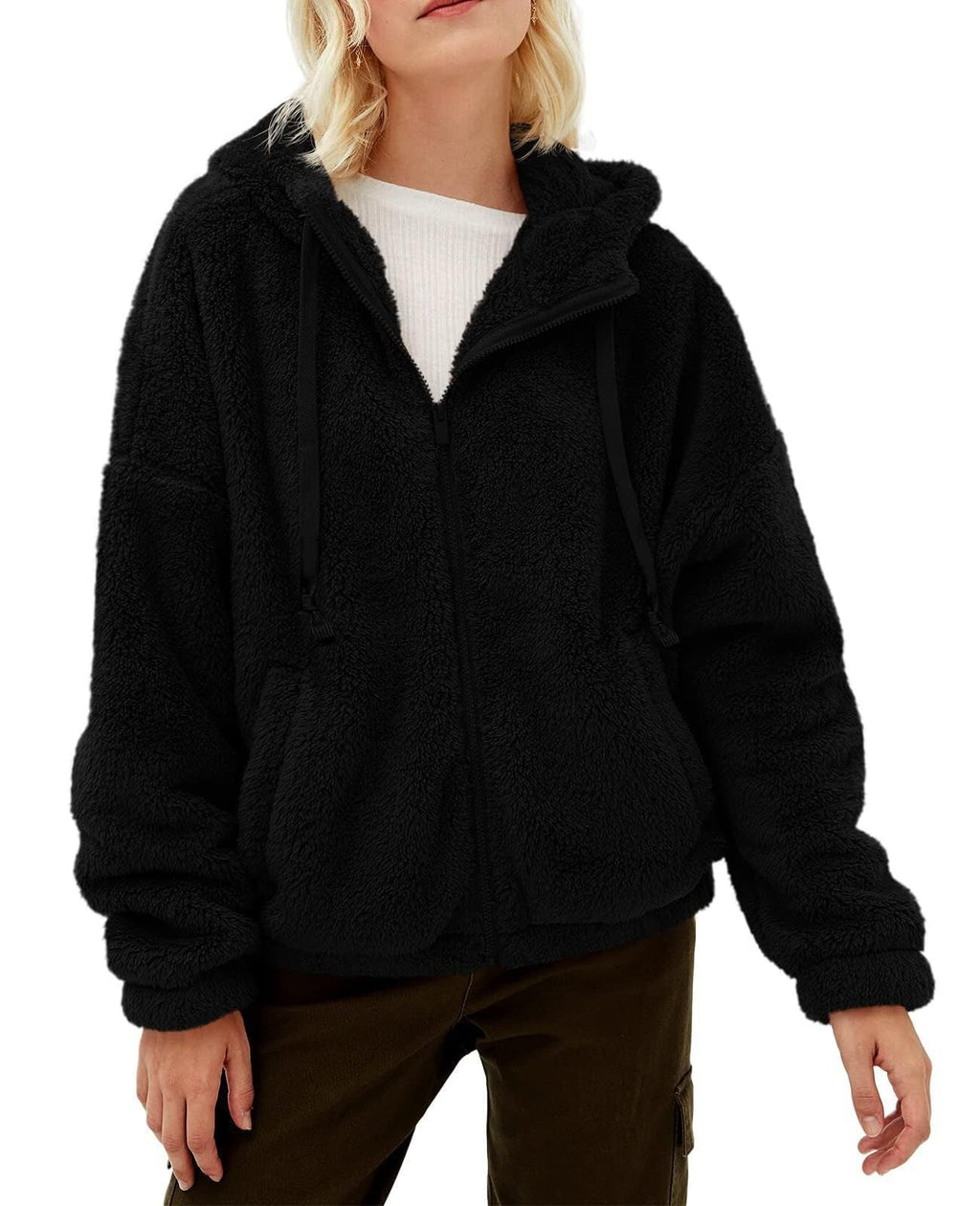 Damen flauschige Kapuzenjacke mit praktischen Taschen und Reißverschluss, Größe
