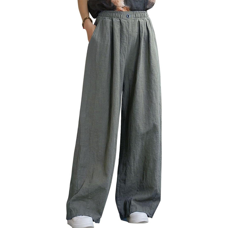 Women's wide linen trousers with elasticated waistband and feminine pleats, size