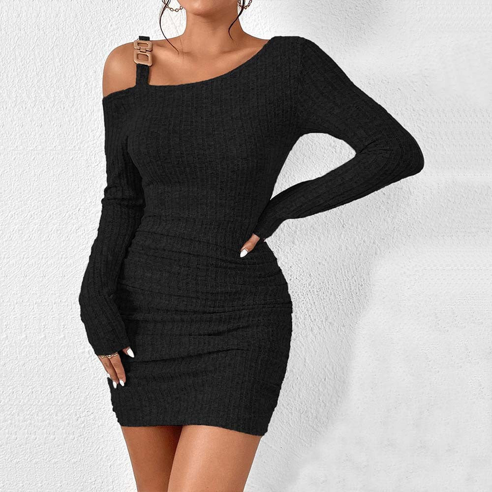 Women's asymmetrical knit dress with decorative shoulder strap, size