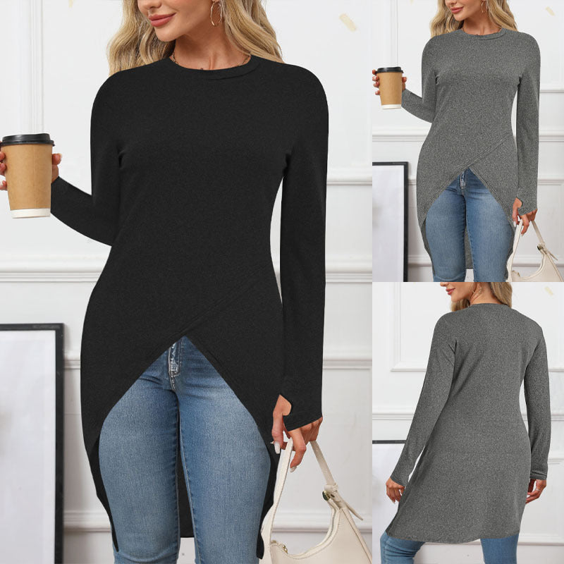 Damen asymmetrisches Longtunikatoberteil mit raffiniertem Wickeldesign, Größe Valenzora