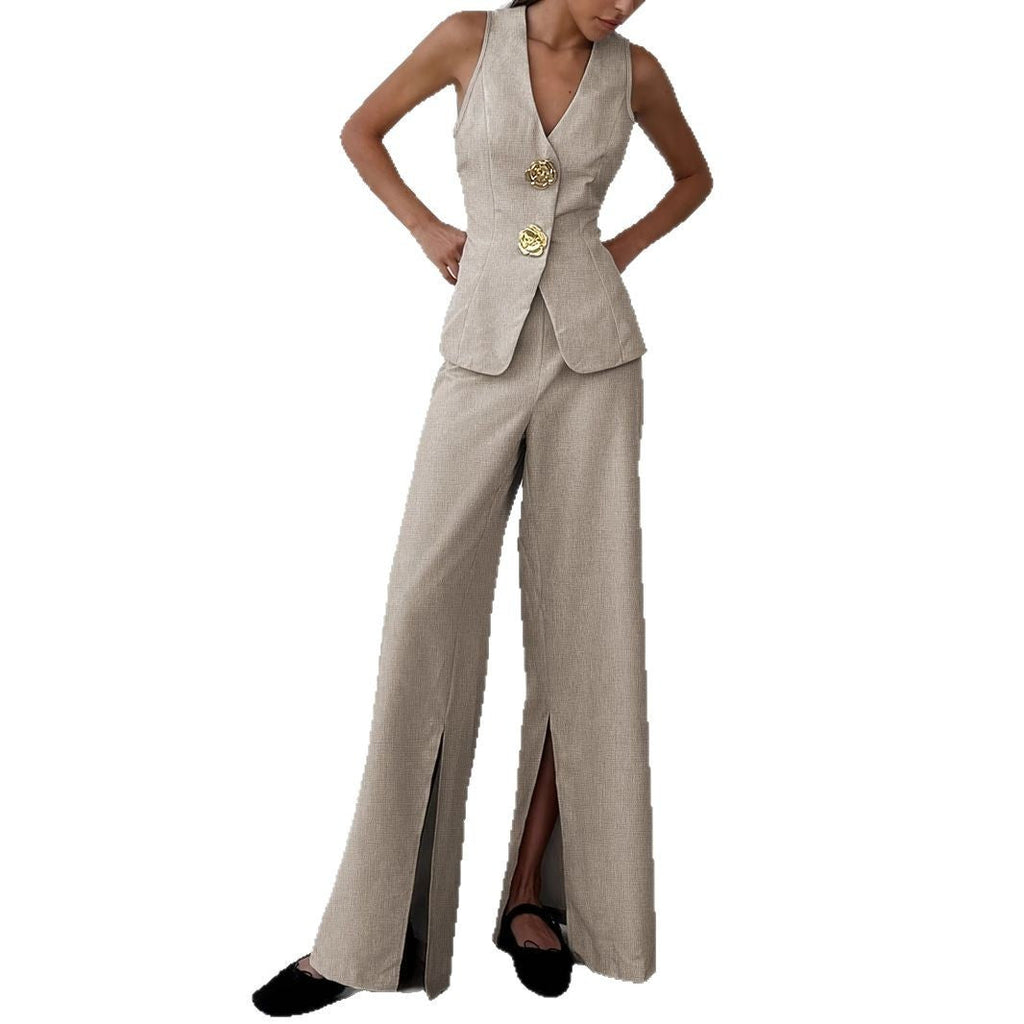 Elegantes Damen-Ensemble bestehend aus einem ärmellosen Blazer und einer weit geschnittenen Hose, Größe S