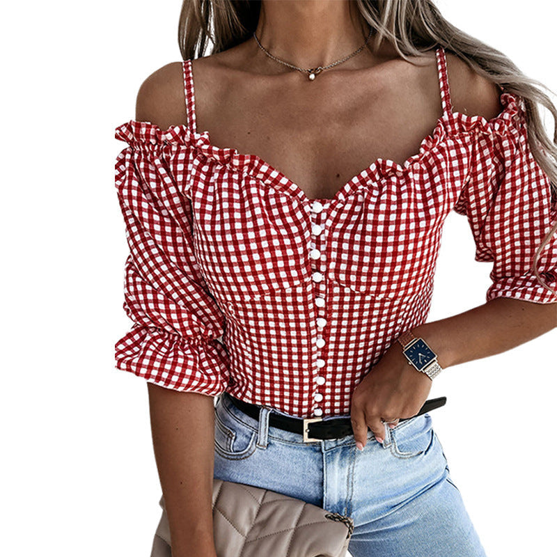 Damen Carmenbluse mit Rüschendetails und Karomuster, Größe [size missing]