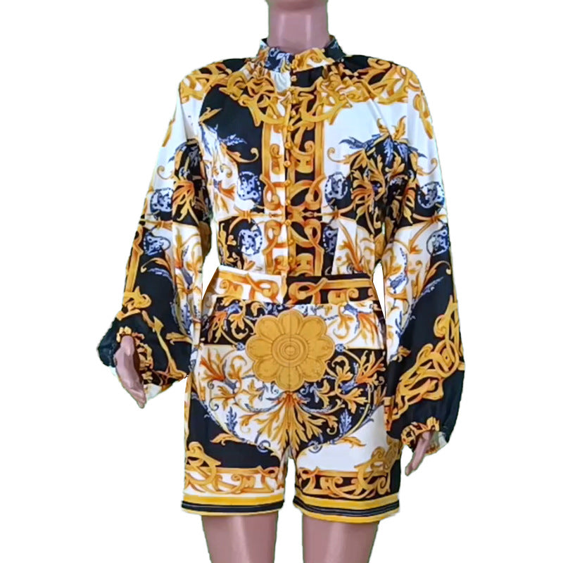 Women's jumpsuit with elegant stand-up collar and artistic print, size [size missing]