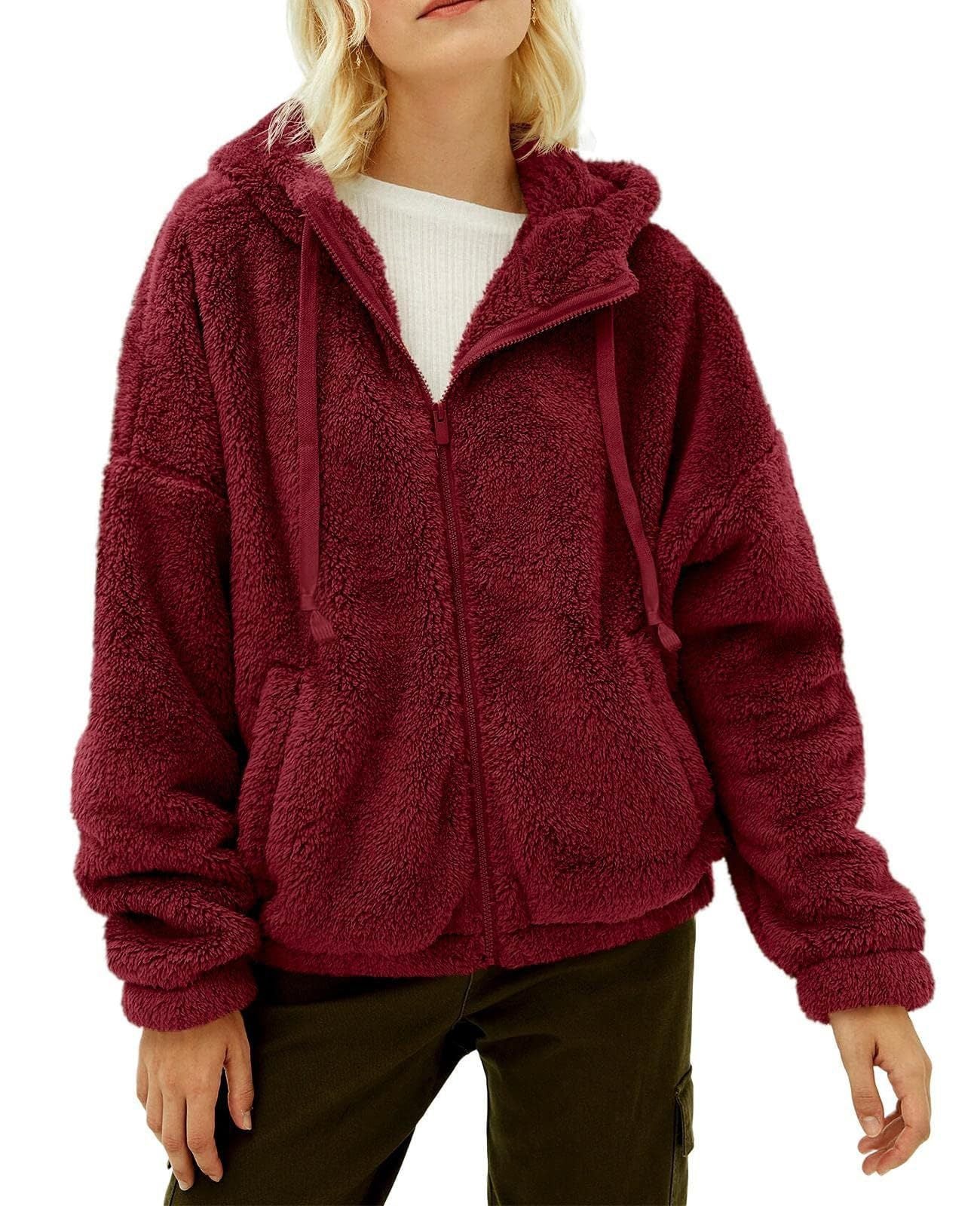 Damen flauschige Kapuzenjacke mit praktischen Taschen und Reißverschluss, Größe