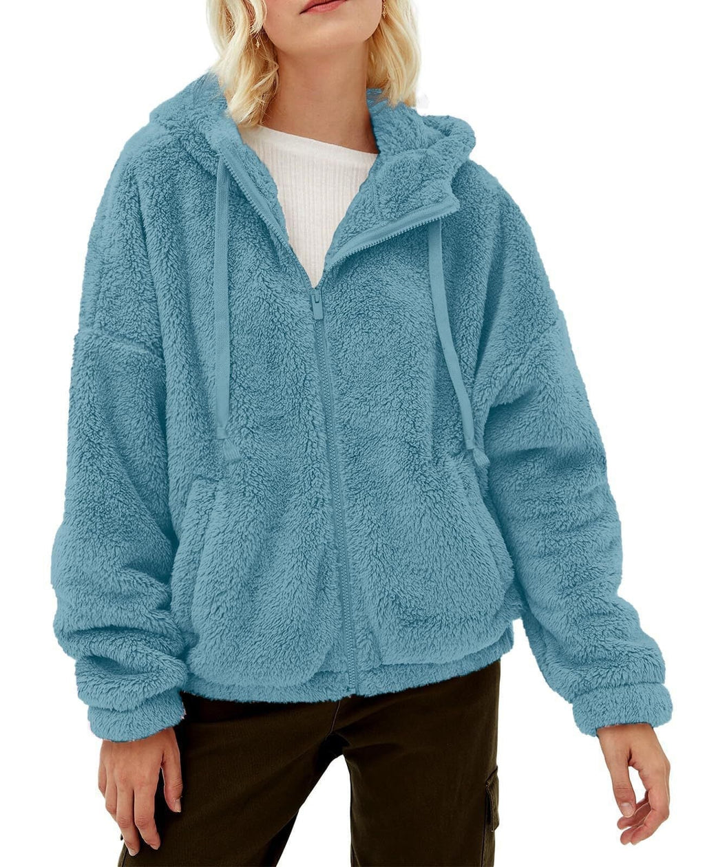 Damen flauschige Kapuzenjacke mit praktischen Taschen und Reißverschluss, Größe