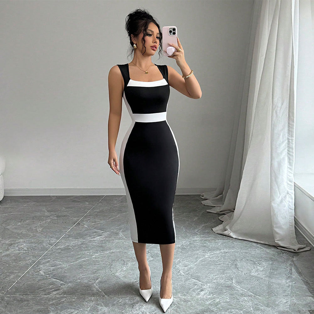 Figurbetontes Midi-Damenkleid mit elegantem Farbkontrast und schickem Ausschnitt, Größe [Größe fehlt]