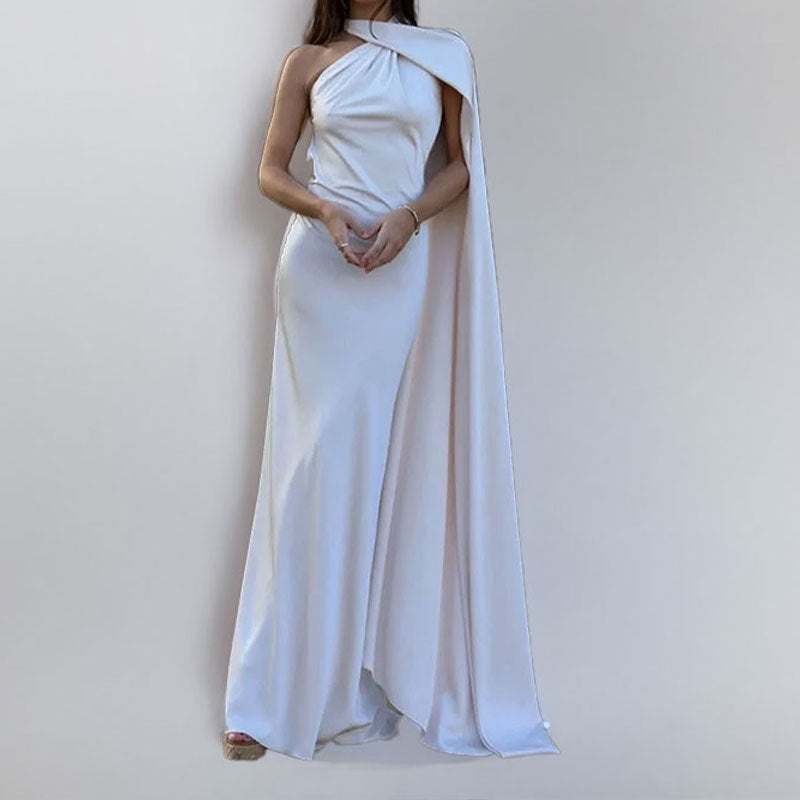 Women's elegant evening dress with asymmetrical design and soft cape, size S