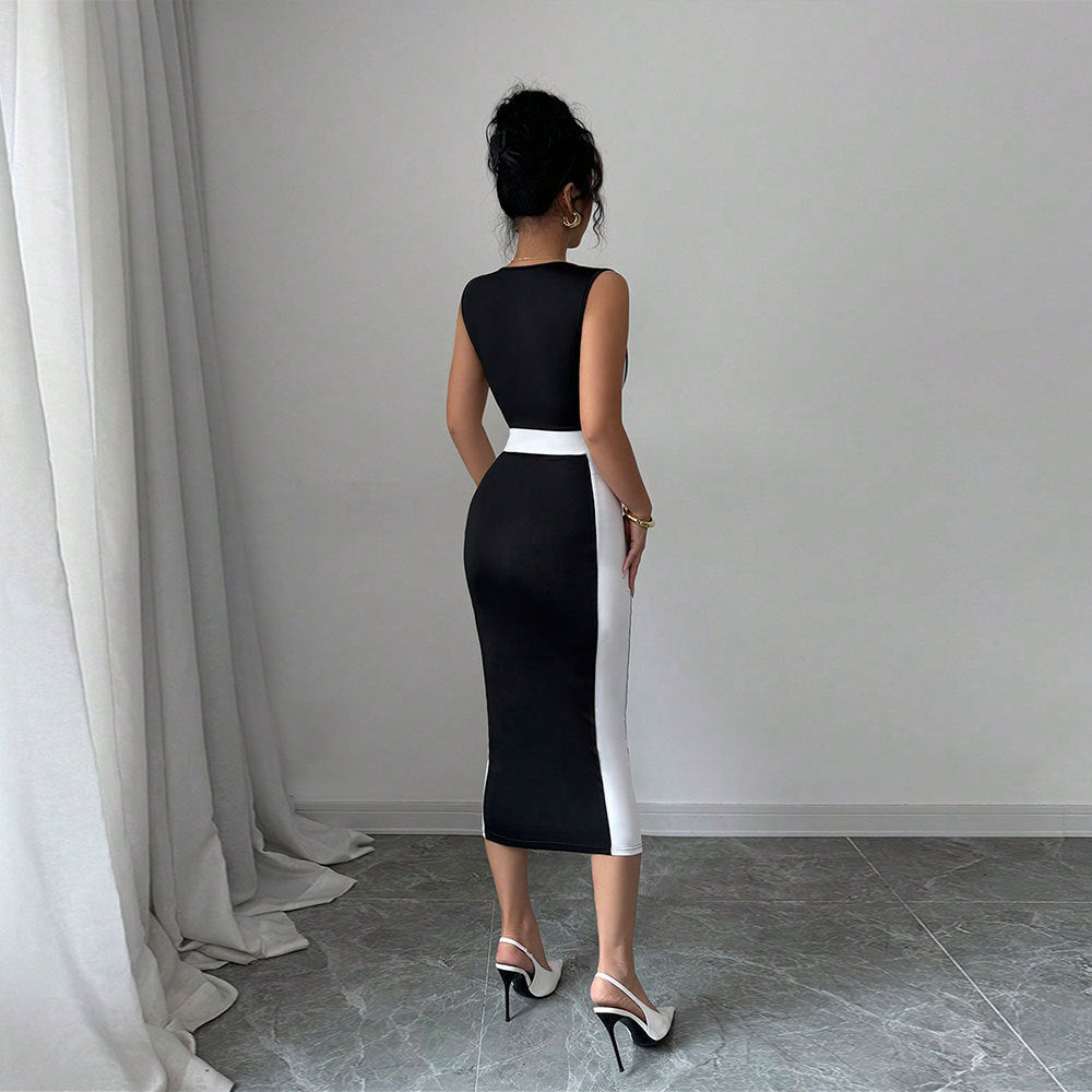 Figurbetontes Midi-Damenkleid mit elegantem Farbkontrast und schickem Ausschnitt, Größe [Größe fehlt]