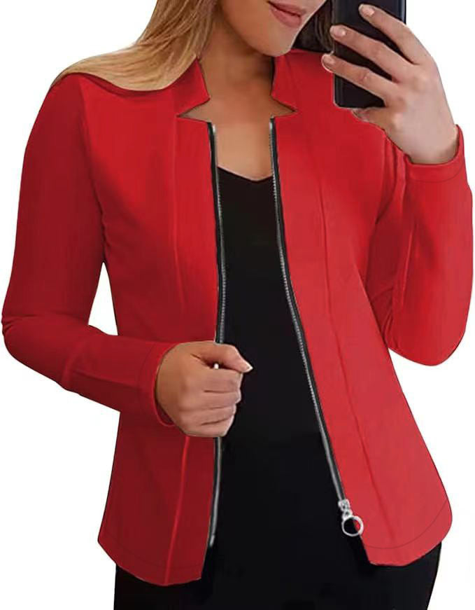 Women's modern blazer jacket with asymmetrical zipper and figure-hugging cut, size S