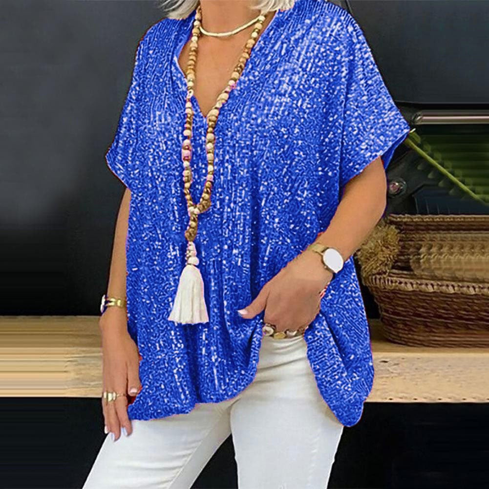 Women's sparkling top with an elegant V-neck and a relaxed fit, size [size]