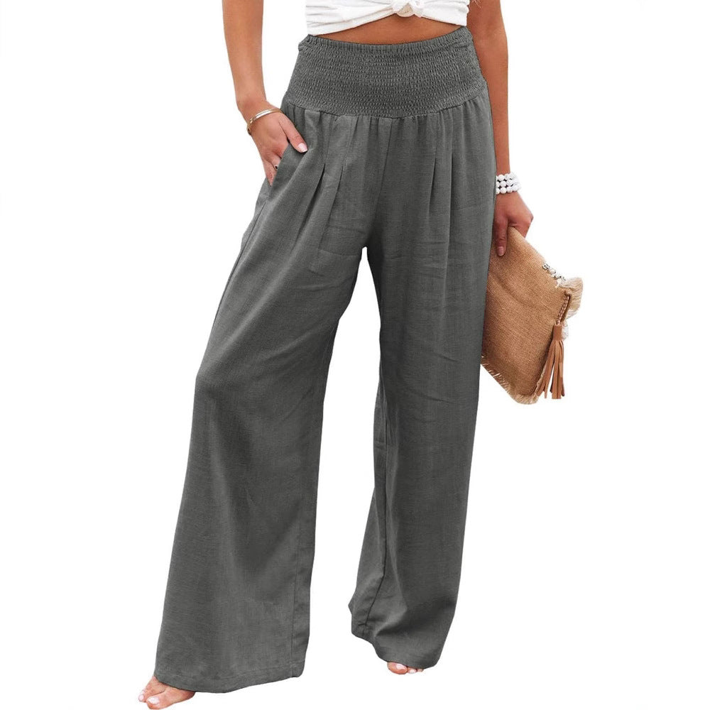 Damen-Leinenhose mit weitem Bein, elastischem Bund und Bundfalten, Größe
