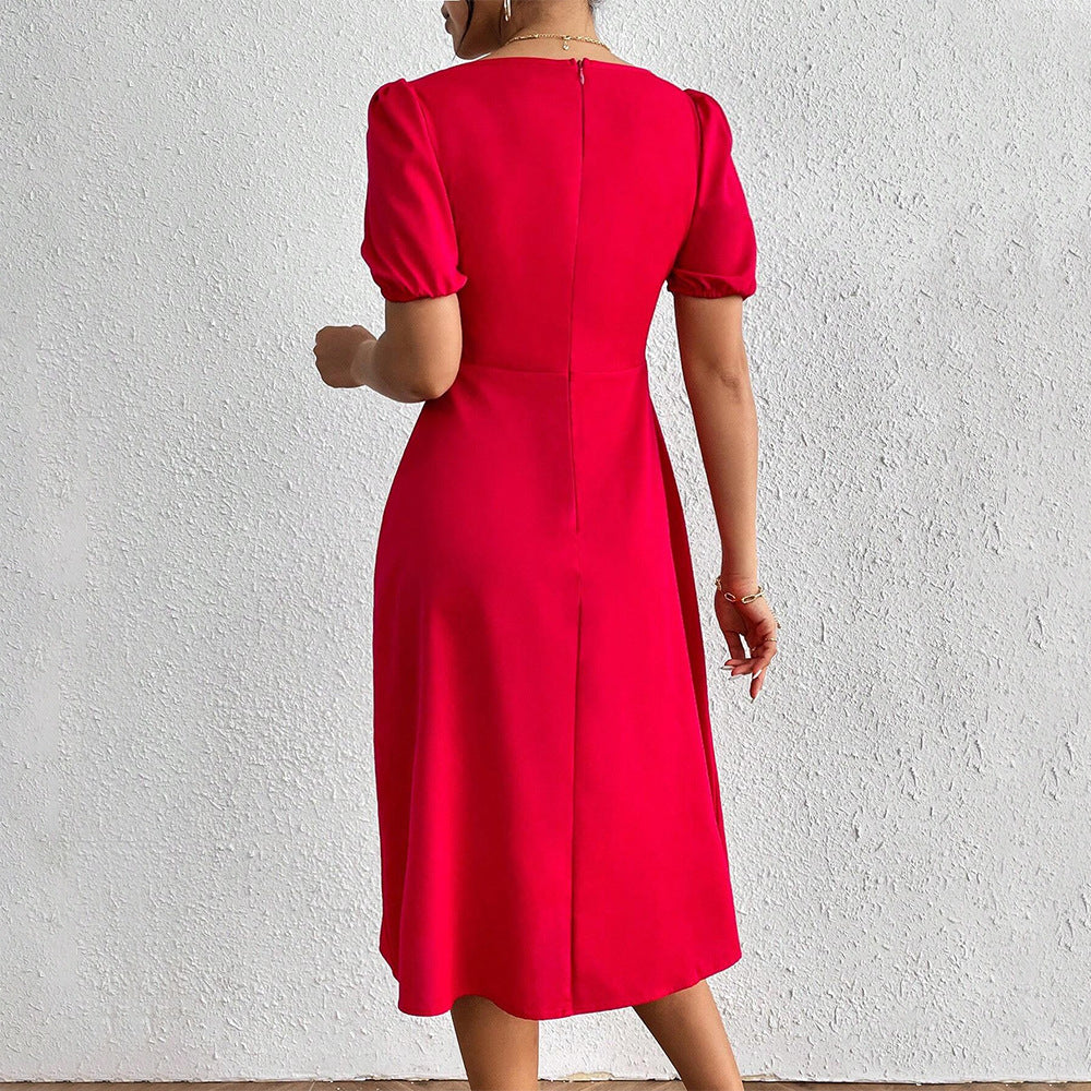 Women's midi dress with puff sleeves and sophisticated ruffle detail, size Valenzora