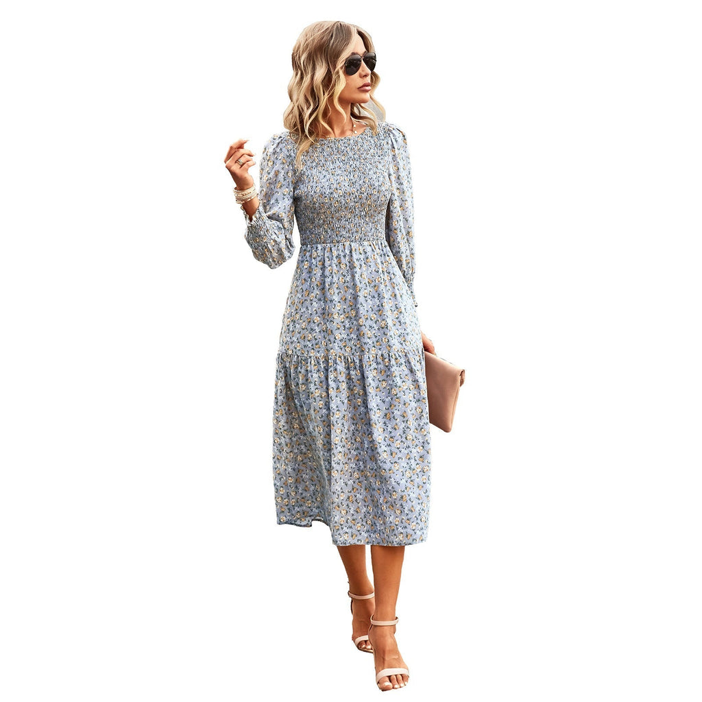 Women's floral midi dress with gathered waist and long sleeves, size