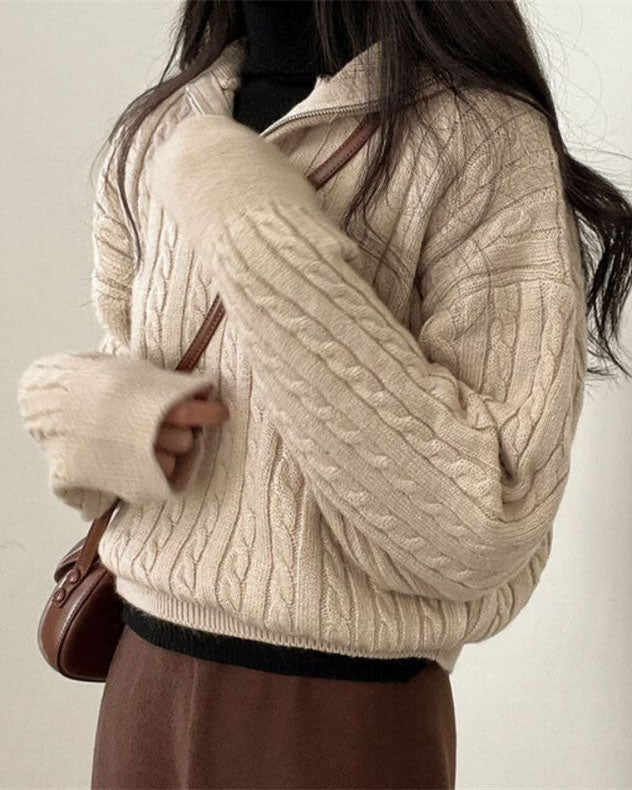 Valenzora Vintage Rollkragen-Reißverschluss-Twist-Strickpullover