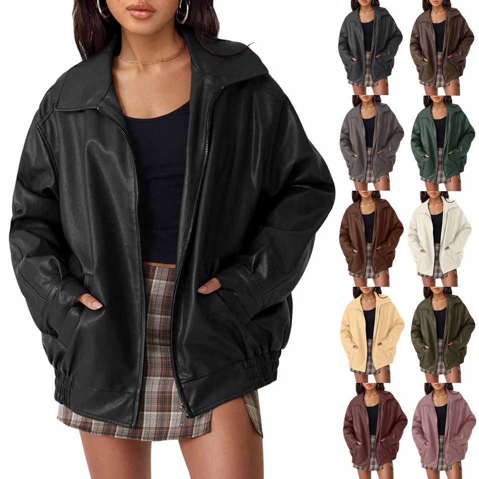 Women's casual faux leather jacket with a wide cut and practical pockets, size S