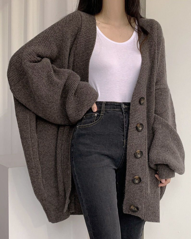Valenzora V-neck single-breasted loose lantern sleeve knit cardigan