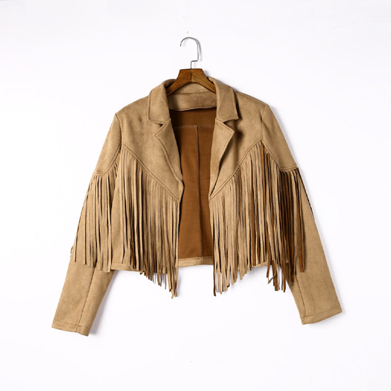 Women's fringed jacket made of high-quality suede blend, size Valenzora