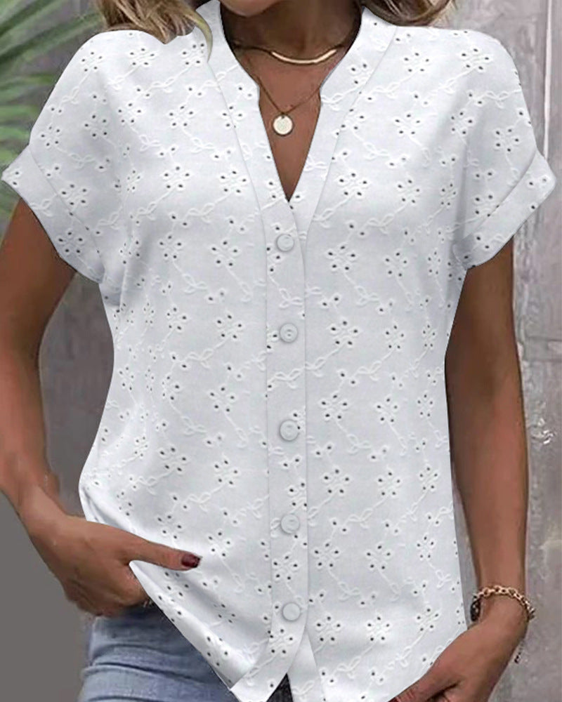 Women's airy blouse with floral eyelet embroidery and full button placket, size S