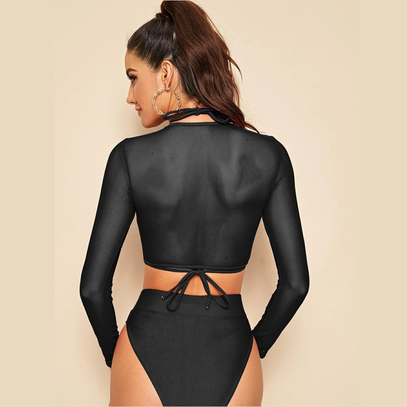 Damen Sport-Bikini-Set mit langärmligem Oberteil und hoher Taille, Größe