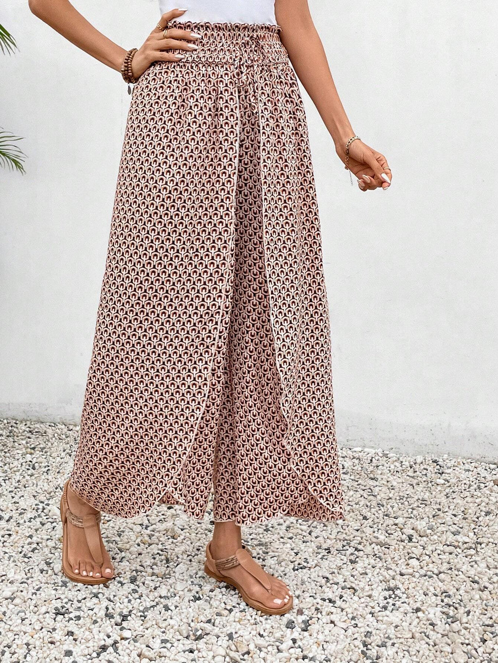 Damen-Sommerhose mit weitem Bein, elastischem Bund und Blumenmuster, Größe S