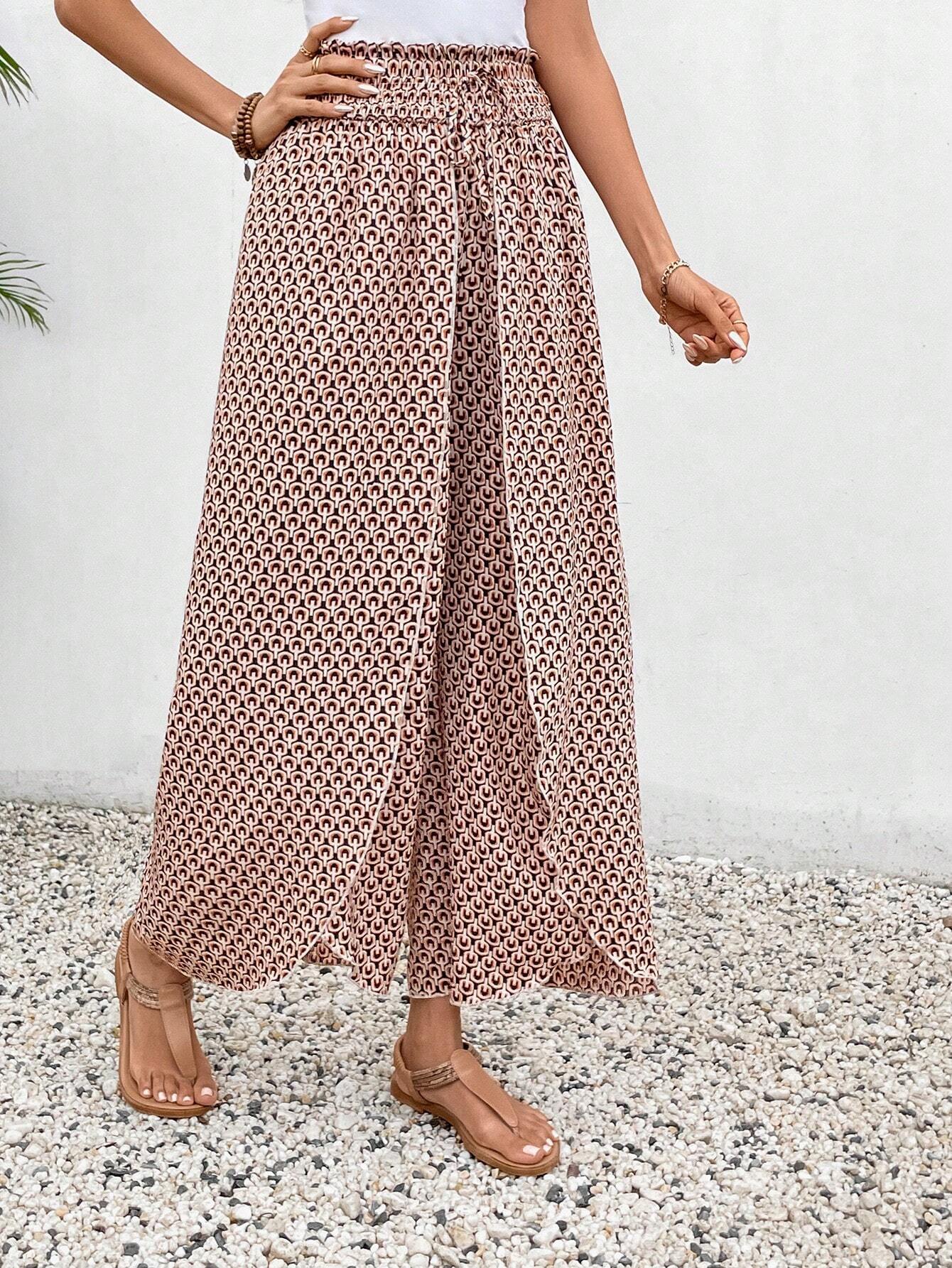 Damen-Sommerhose mit weitem Bein, elastischem Bund und Blumenmuster, Größe S
