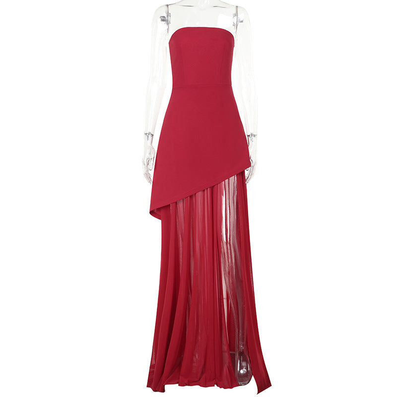 Valenzora | Style Temperament Slim Tube Top Mesh Stitch Swing Dress