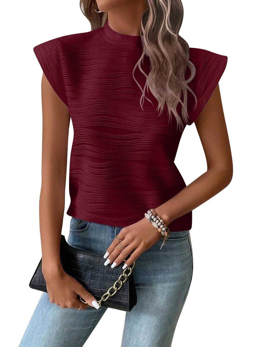Elegantes Damen-Top mit strukturierten Puffärmeln und hohem Ausschnitt, Größe S
